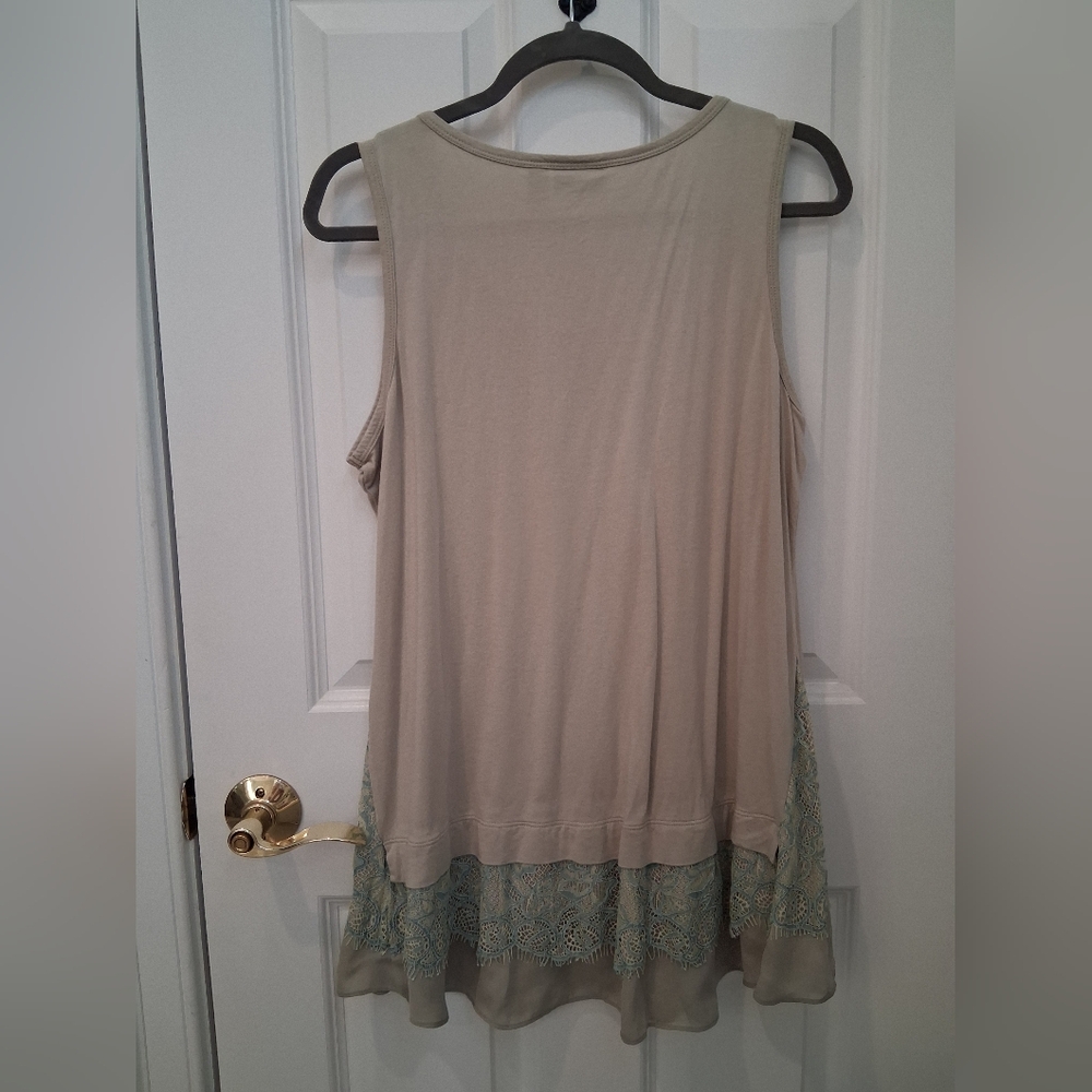 LOGO by Lori Goldstein Green and Light Blue Tank Top With Lace - Picture 2 of 4